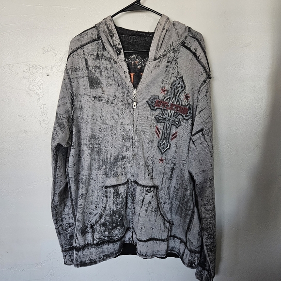 Affliction Men's XL Reversible  Black Gray Orange Edgy Zip-Up Jacket Cross Skull - Picture 2 of 13
